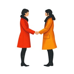Handshake Agreement, flat illustration of two individuals shaking hands after a discussion, minimal design, white background