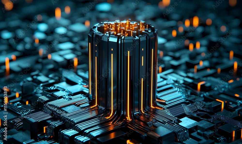 Poster futuristic circuit board design with neon elements and depth effects