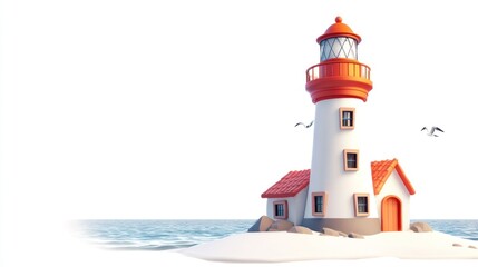 A three-dimensional lighthouse standing on a stretch of white sand gives a sturdy and majestic impression, with a simple background of the front view.
