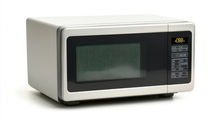 A sleek microwave oven with a digital display, isolated on a white background, offering ample copy space for advertising modern kitchen solutions.