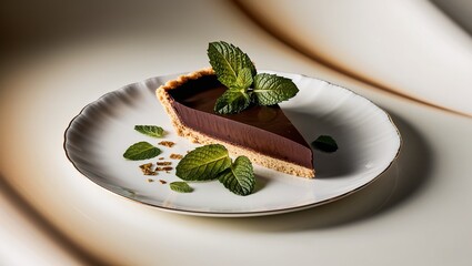 Chocolate tart slice with crunchy crust, gold leaf, and mint