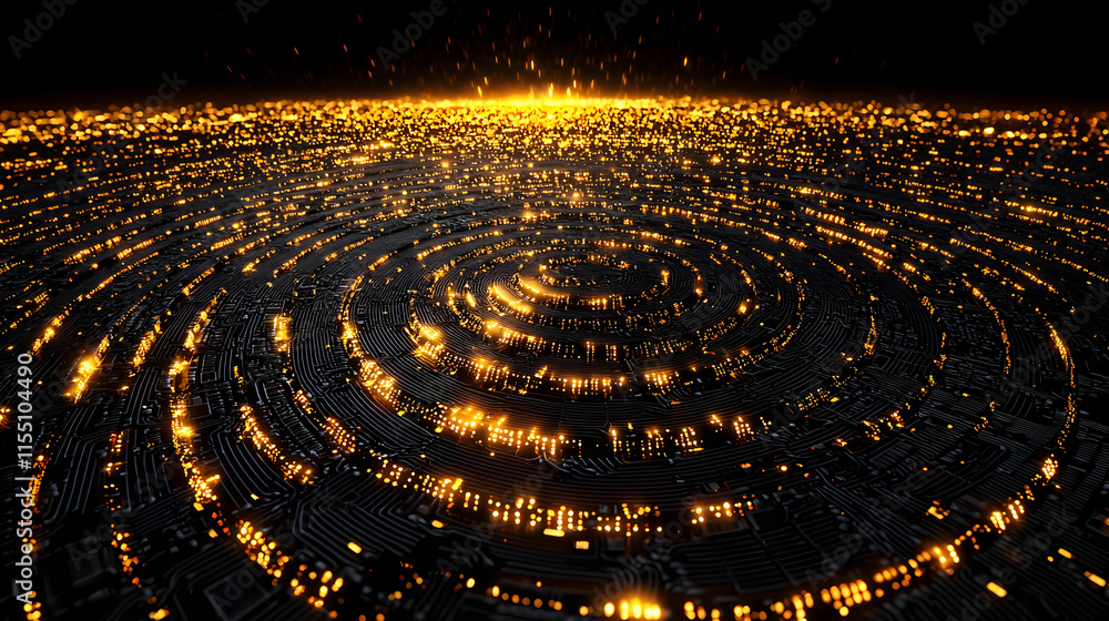 Poster digital circles of light over black surface in abstract design