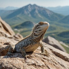 A lizard sunbathing on a warm rock in the mountains, white background.
