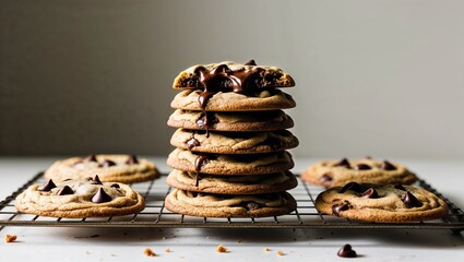 Warm chocolate chip cookies stacked on cooling rack with melted chocolate