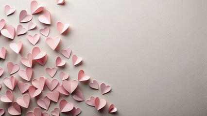 Obraz premium Soft pink paper valentine hearts scattered on a neutral colored table , gift, paper, gift, paper, romance, decorations