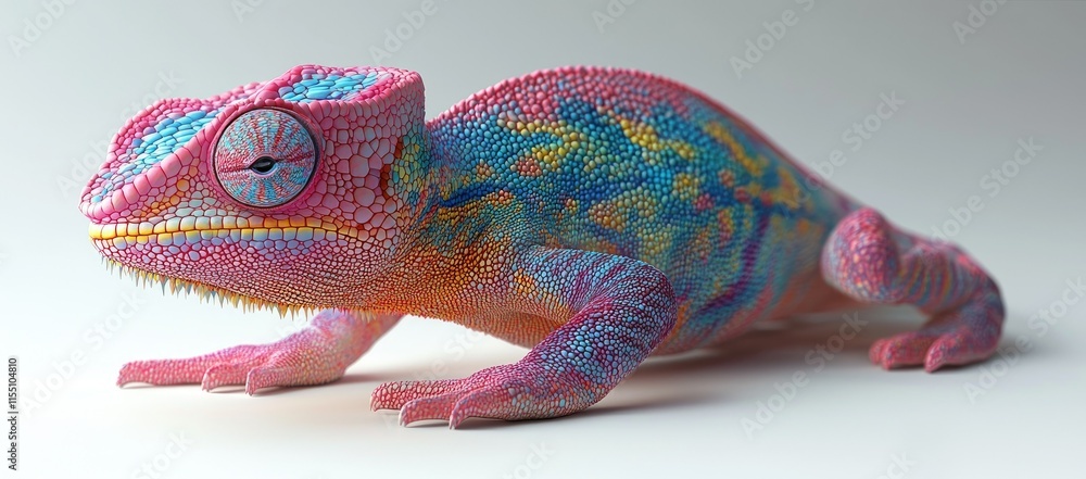 Poster a vibrant, stylized chameleon-like creature with colorful patterns and textures.