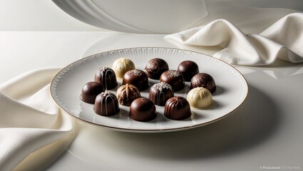 Assorted chocolate pralines with intricate designs on ceramic plate