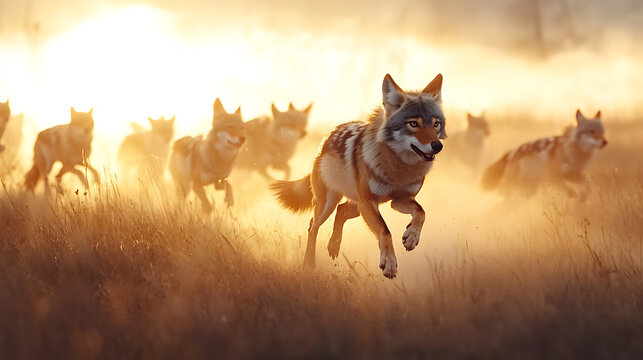 vibrant scene of pack of coyotes running through golden grass at sunset, showcasing their agility and wild spirit