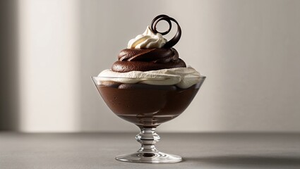 Chocolate mousse in glass with whipped cream and chocolate curl