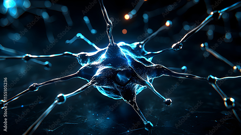 Poster abstract representation of a neuron cell in blue and black colors