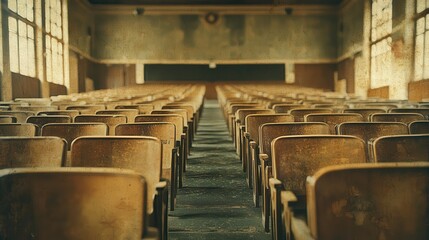 Classroom setting abandoned school vintage environment wide angle nostalgia