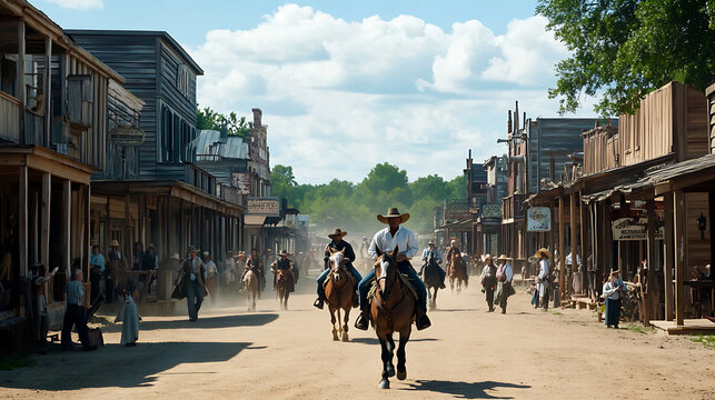 Bustling Western town scene with cowboys riding horses and dusty streets