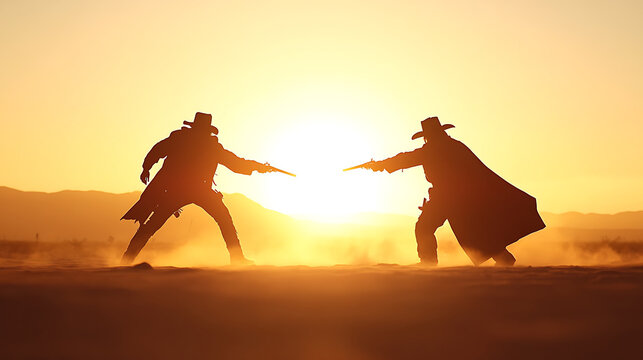 Cinematic duel at sunset between two silhouetted cowboys in desert