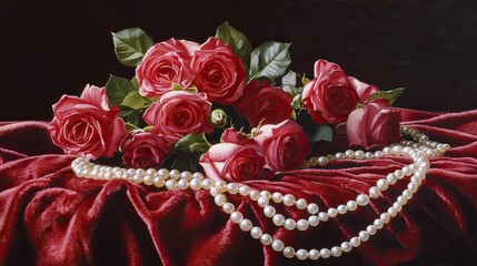 Pink Roses and Pearls on Red Velvet