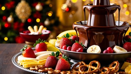 Chocolate fondue fountain with strawberries, bananas, and pretzels