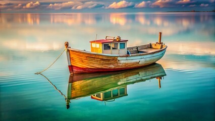 Fototapeta premium Vintage fishing boat, serene coastal scene. Minimalist, retro charm.