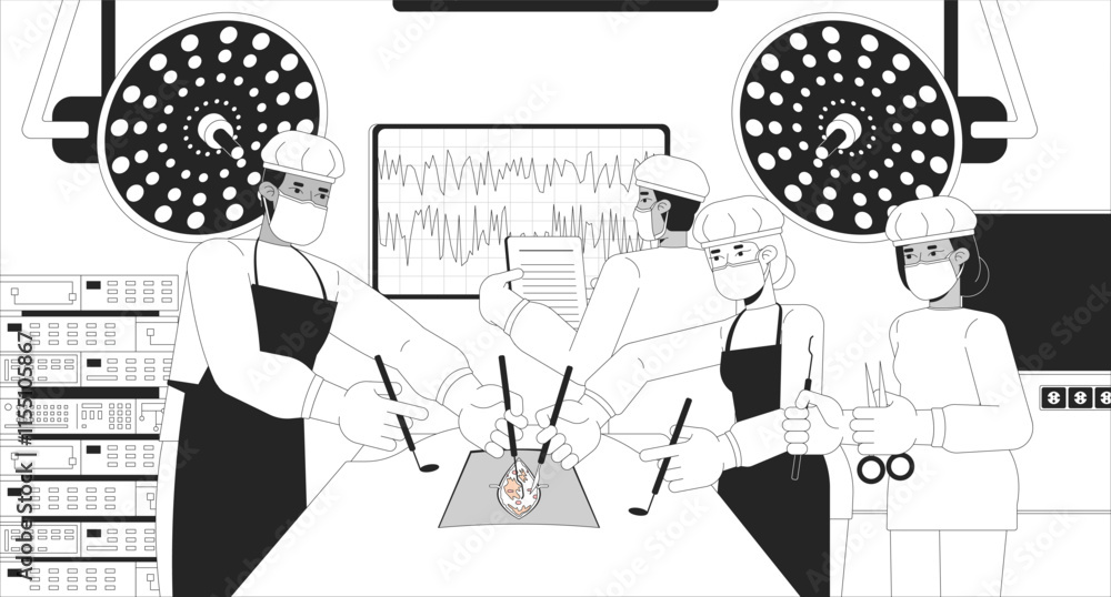 Poster multicultural doctors performing surgery black and white line illustration. scrubs surgeons operatin