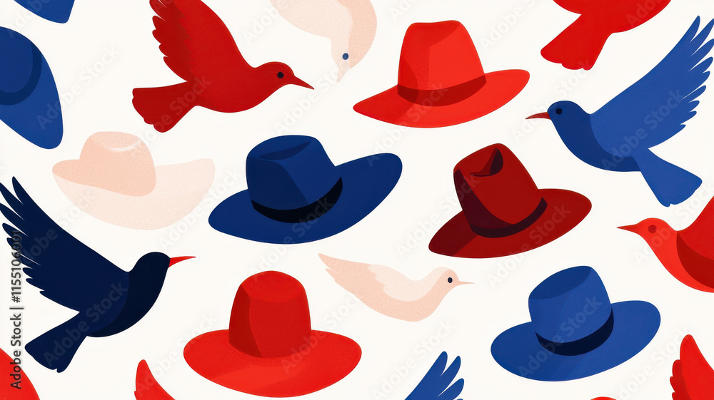 Poster national hat day concept. colorful hats and birds create whimsical pattern of transformation
