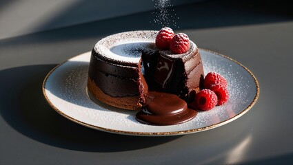 Chocolate lava cake with ganache, raspberries, and powdered sugar