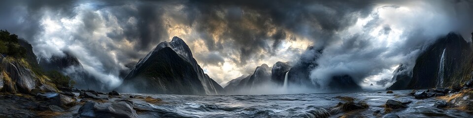 Fototapeta premium Wide shot of a dramatic storm over Milford Sound. with dark clouds and rain contrasting against the bright waterfalls and cliffs. in 4K resolution