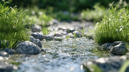 Serene Stream Flows Through Green Grass And Rocks
