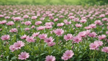 Fototapeta premium Pastel pink flowers in a field of green against a soft focus background , blossoming, field of green