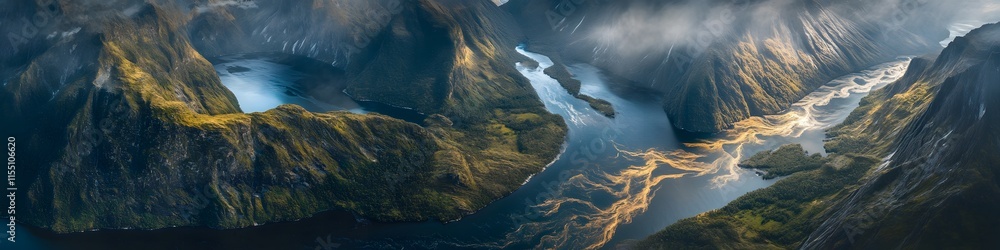 Aufkleber aerial panorama of milford sound with layers of cliffs glowing softly under golden light and intrica