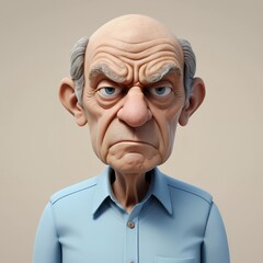 Grumpy 3D Cartoon Elderly Man Character with Expressive Face and Folded Expression