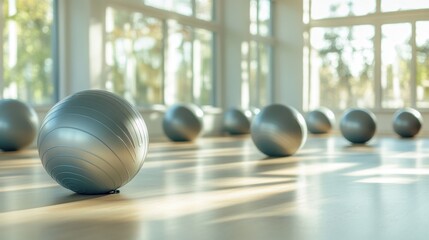 Naklejka premium Pilates Studio Sunlight: Silver Fitness Balls in Bright Room