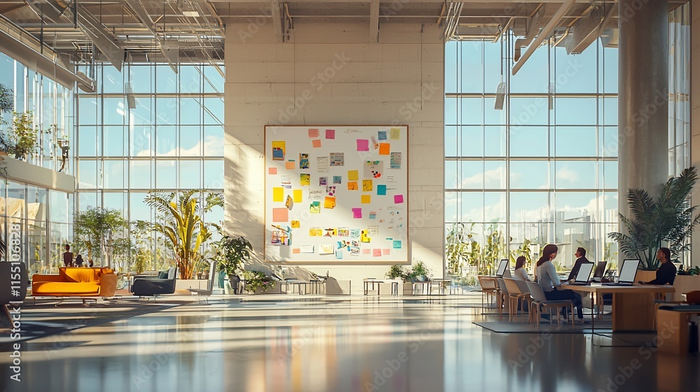 Poster sunlit modern office lobby with workers at computers and large idea board.