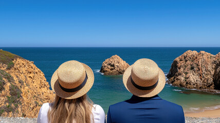 Obraz premium National HAT Day concept. Couple wearing matching straw hats enjoying scenic beach view