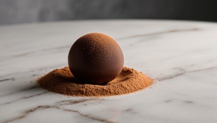 Glossy chocolate truffle with cocoa powder on marble surface