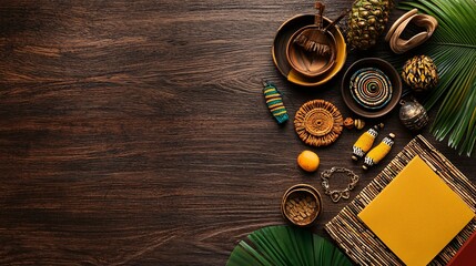 Fototapeta premium A flat lay of diverse cultural souvenirs such as postcards, small statues, and local jewelry on a wooden table