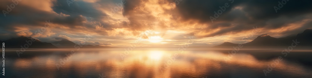 Aufkleber a panoramic view of milford sound framed by dramatic clouds and soft golden light reflecting on the 