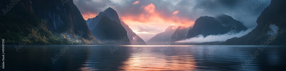 Poster Wide-angle shot of a serene Milford Sound surrounded by layers of cliffs and glowing under the fiery hues of twilight. in 4K resolution