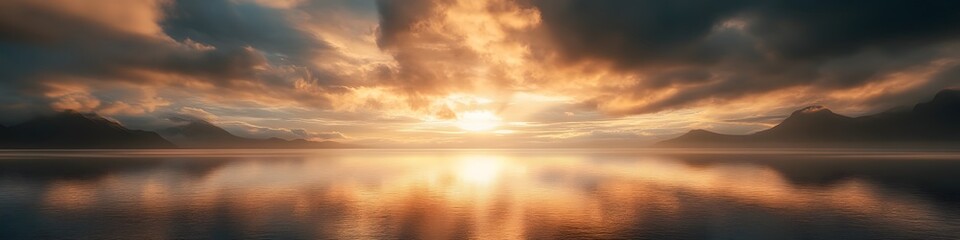 Fototapeta premium A panoramic view of Milford Sound framed by dramatic clouds and soft golden light reflecting on the calm fjord. in 4K resolution