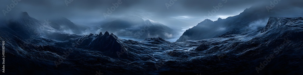 Poster panoramic view of the icy fjord below trolltunga. with jagged cliffs glowing under the soft light of