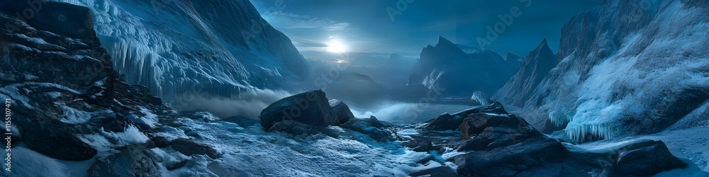 Aufkleber Panoramic view of the icy fjord below Trolltunga. with jagged cliffs glowing under the soft light of dawn. in 4K resolution