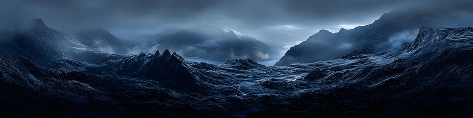 Fototapeta premium Panoramic view of the icy fjord below Trolltunga. with jagged cliffs glowing under the soft light of dawn. in 4K resolution