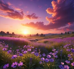 Obraz premium Purple meadow flowers against a vibrant sunset sky, purple flowers, flower fields, evening landscape