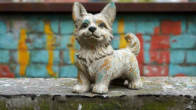 A weathered ceramic figurine of a dog stands against a colorful, textured wall.
