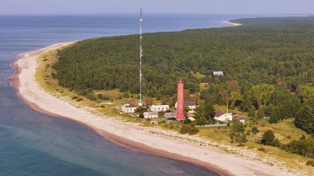Aerial drone panoramic landscape of a Lighthouse, Baltic Sea, Coastal forested beach at Akmenraga