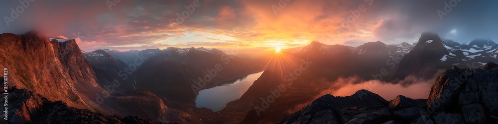 Aufkleber panoramic view of the surrounding fjordlands glowing under the fiery hues of sunset. with trolltunga