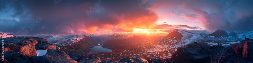Aufkleber panoramic view of the surrounding fjordlands glowing under the fiery hues of sunset. with trolltunga