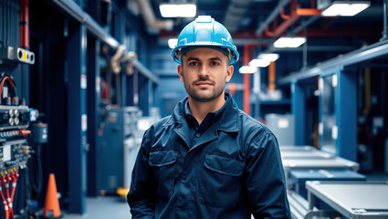 Electric Engineer Portrait Wearing Safety Helmet and Blue Safety Clothes