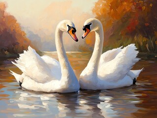 Obraz premium Peaceful riverbank with swans gliding gracefully, soft ripples creating a tranquil ambiance, Nature Wildlife Tranquility