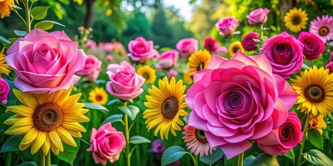 Fototapeta premium Vibrant pink paper roses in a garden setting with lush greenery and sunflowers surrounding them, decorative, design