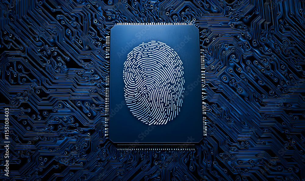 Poster digital fingerprint on circuit board representing cybersecurity concept