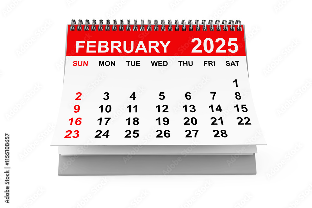 Aufkleber 2025 year february calendar. 3d rendering