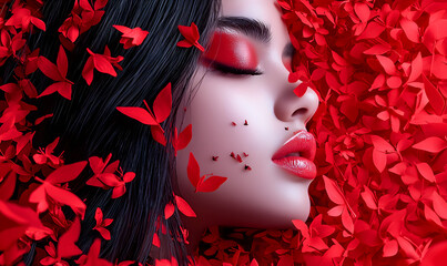 Captivating Beauty Portrait with Red Petals and Lush Floral Surroundings